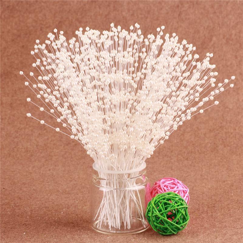 100pcs/set Bunch String Pearl Sticks Bridal Bouquets White Beaded Handmade Flower Stem Beads Wedding Party Decor