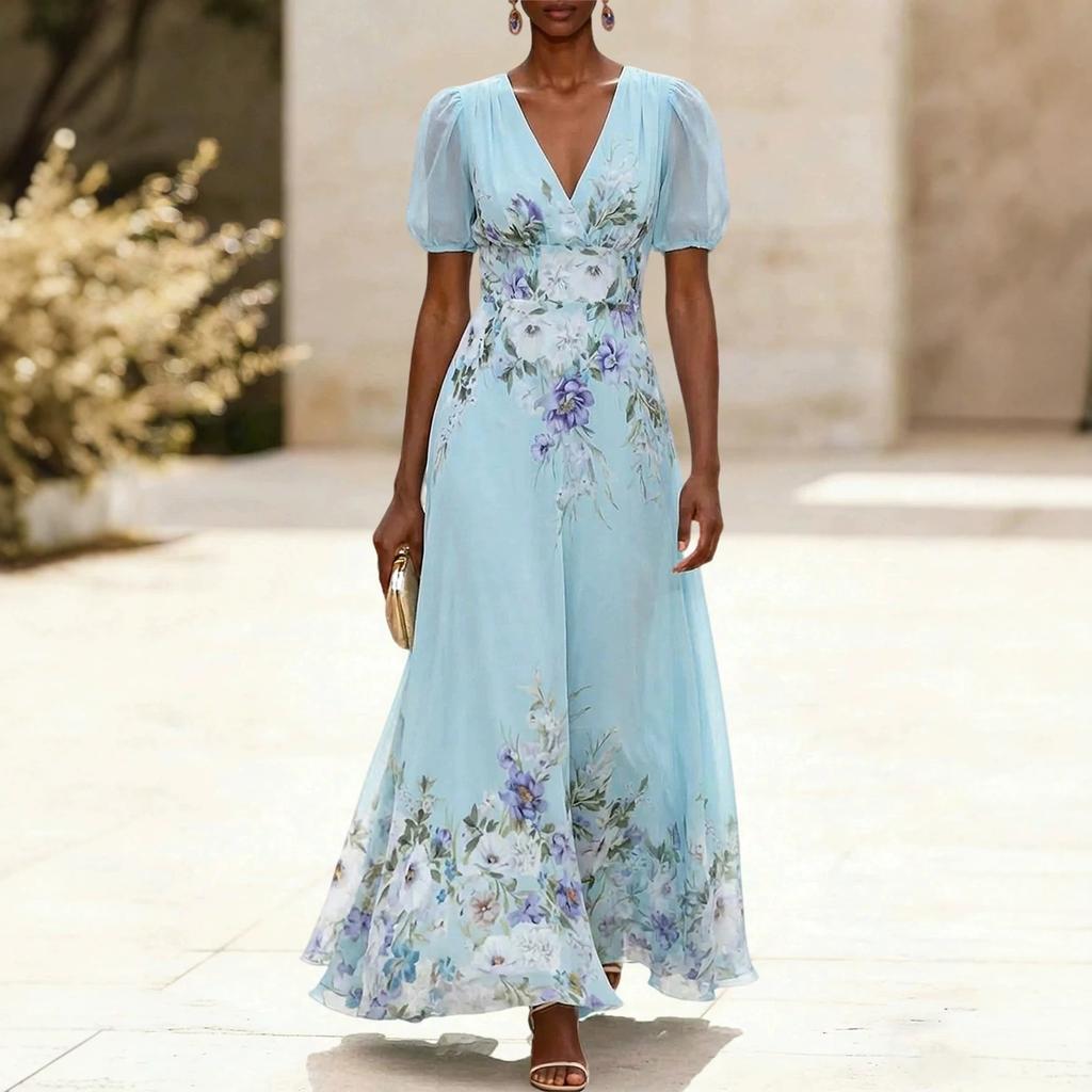 2026 new European and American women's clothing perspective short-sleeved V-neck digital printing long dress flower fashion dress
