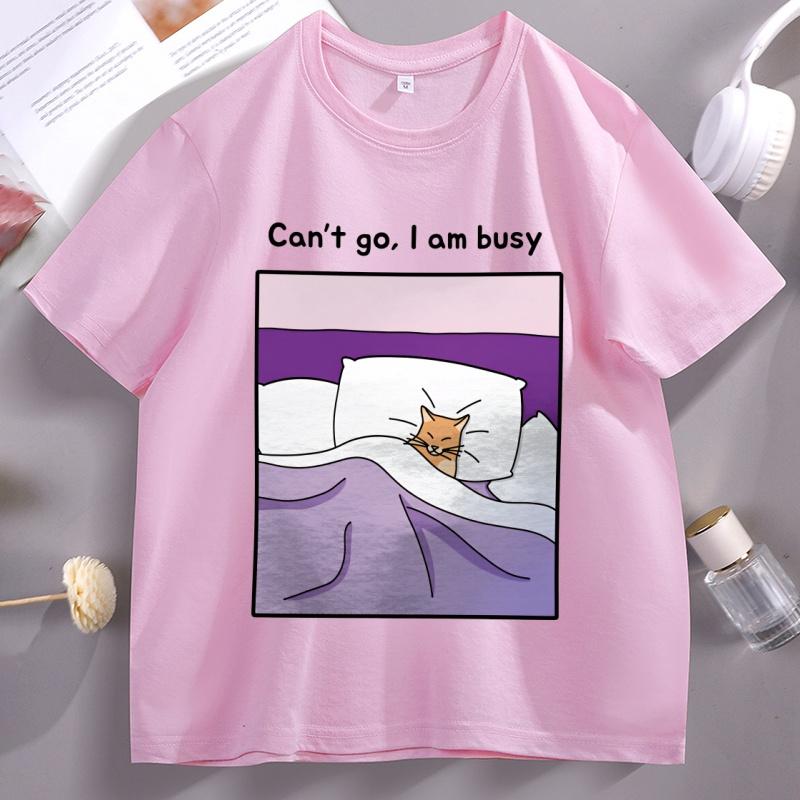 Sorry Cant I Am Busy T Shirt Soft Sleepy Funny Cat Cotton Tshirt Unisex Women Loose Japanese Aesthetic Tshirt Male Clothes