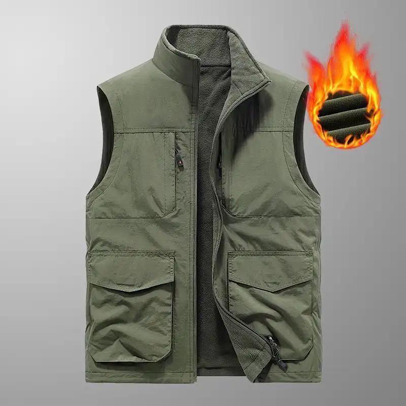 

Plush Men s Solid Color Autumn and Winter Zipper Cardigan Pocket Vest Work Vest Jacket Top 6XL армія зелений колір