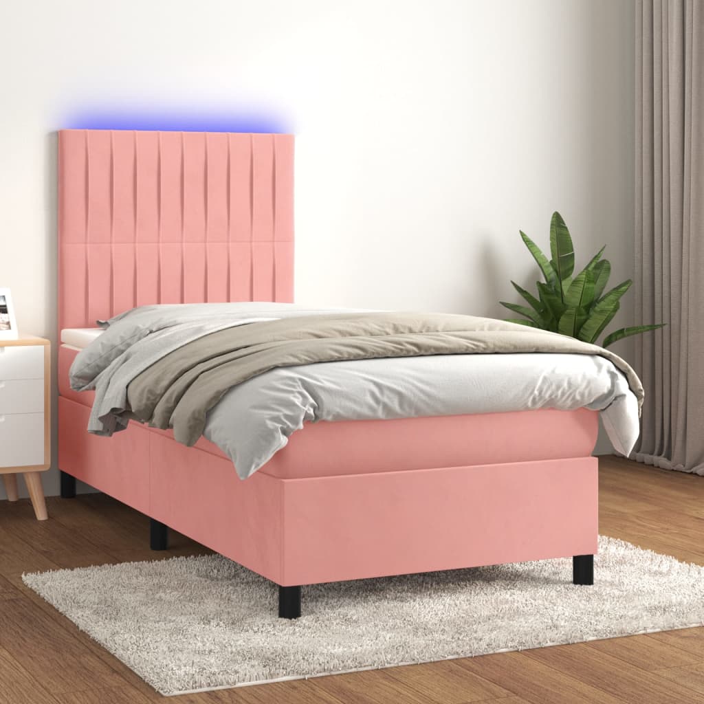 Vidaxl Łóżko Kontynentalne Z Materacem I Led, Różowy Aksamit 90X190 Cm