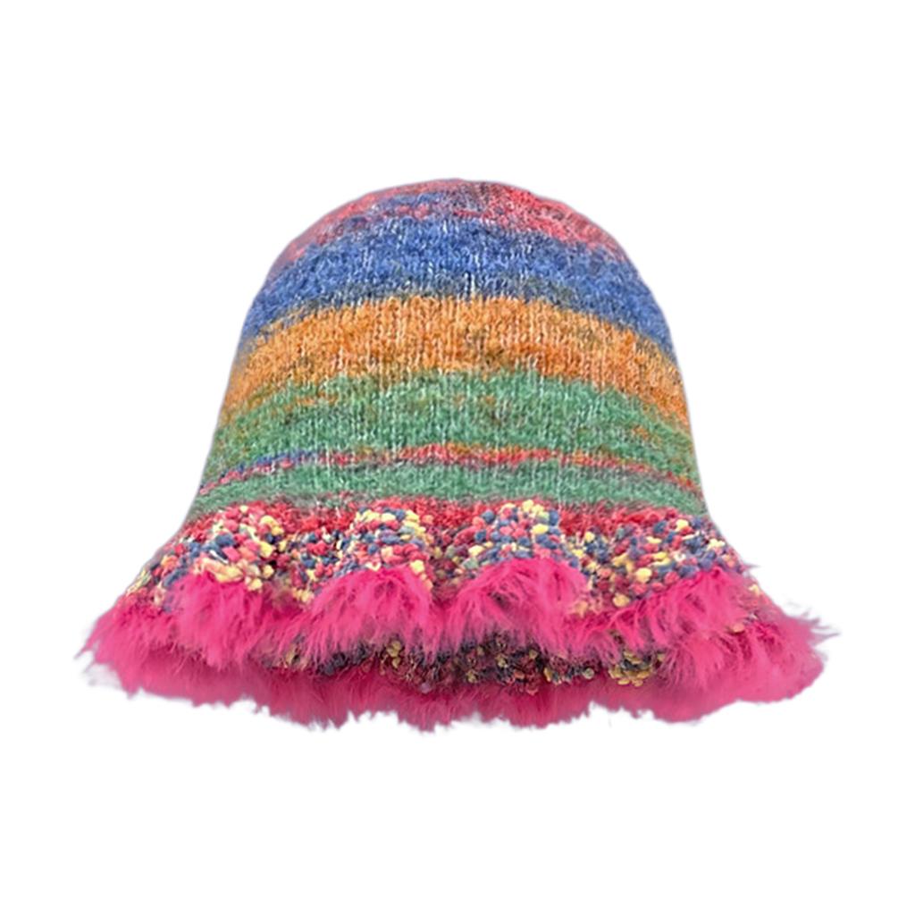 Handmade Knit Striped Bucket Hat for Woman Weaving Striped Plush Floppy Bucket Hat Adult Teens Winter Fisherman Cap