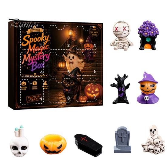Halloween Home Table Decor Advent Calendar with 9 Mini Resin Figures, Day Spooky Countdown Decorative Figures for Windows To Calendar, Surprise