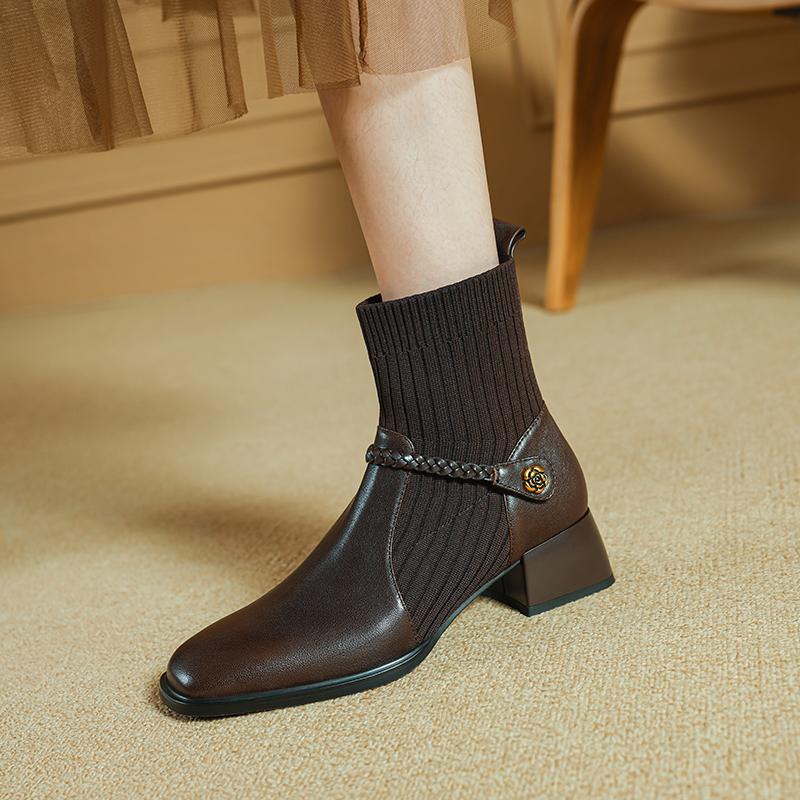 

Fashion 2025 Spring/Autumn Women Boots Square Toe Chunky Heel Modern Boots Genuine Leather Women Shoes Stretch Ladies Shoes 34