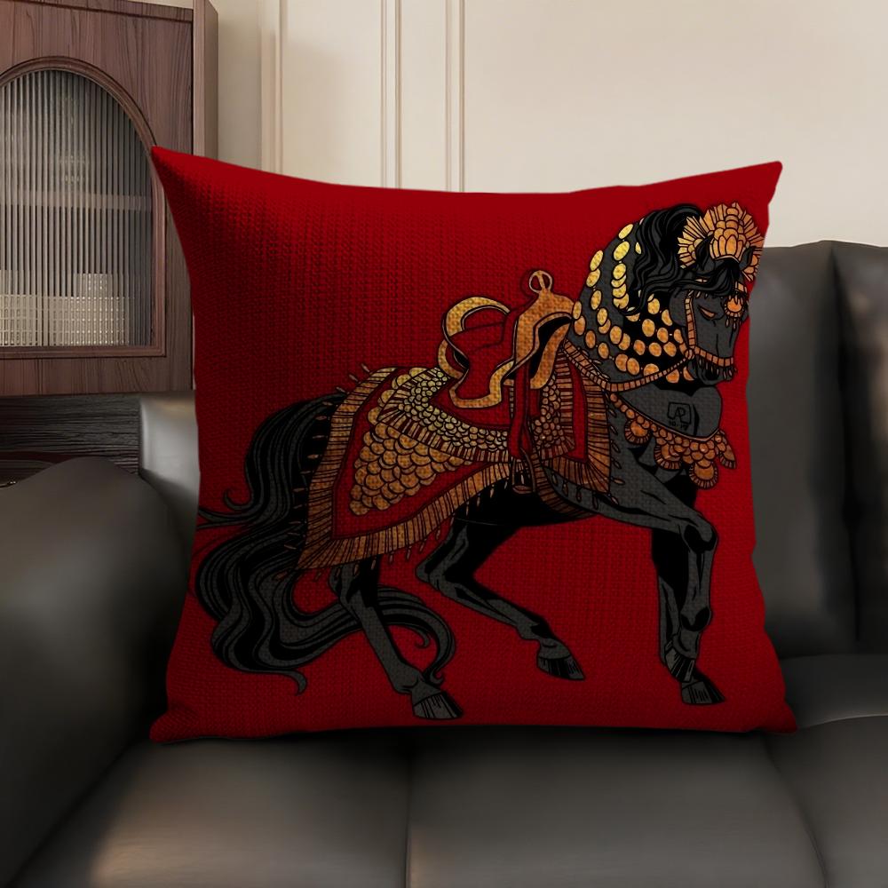 Artistic Retro Horse Cushion Cover Natural Linen Organic Fabric DoubleSided Printing Sofa Home Decor Breathable