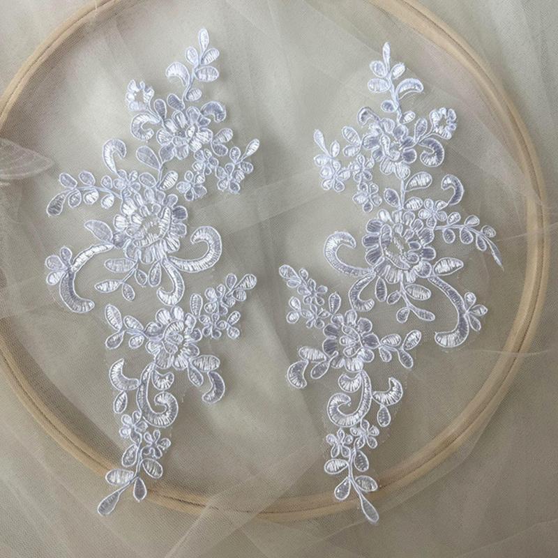 Lace Applique Sew on Patch Fabric 1Pair Embroidery Flower Exquisite Trim Patches Crafts Stickers Bag Gown Decoration Wholesale