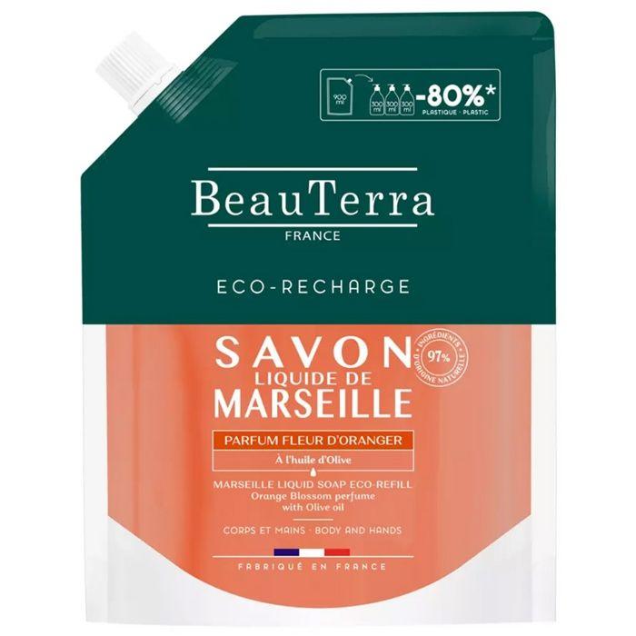 BeauTerra Savon De Marseille Liquide Parfum Fleur d'Oranger Éco-Recharge 900 Ml
