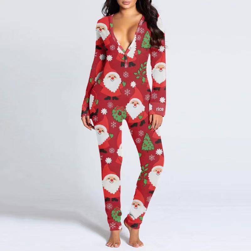 2023 Europäischer & Amerikanischer Weihnachten Langarm Knopfleiste Bedruckter Erwachsenen Jumpsuit