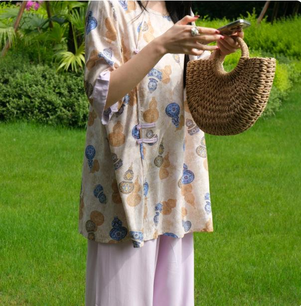 Hanfu pajamas women's spring summer new Chinese-style cotton and silk suit cotton silk medium-sleeved loose loungewear can be worn thin