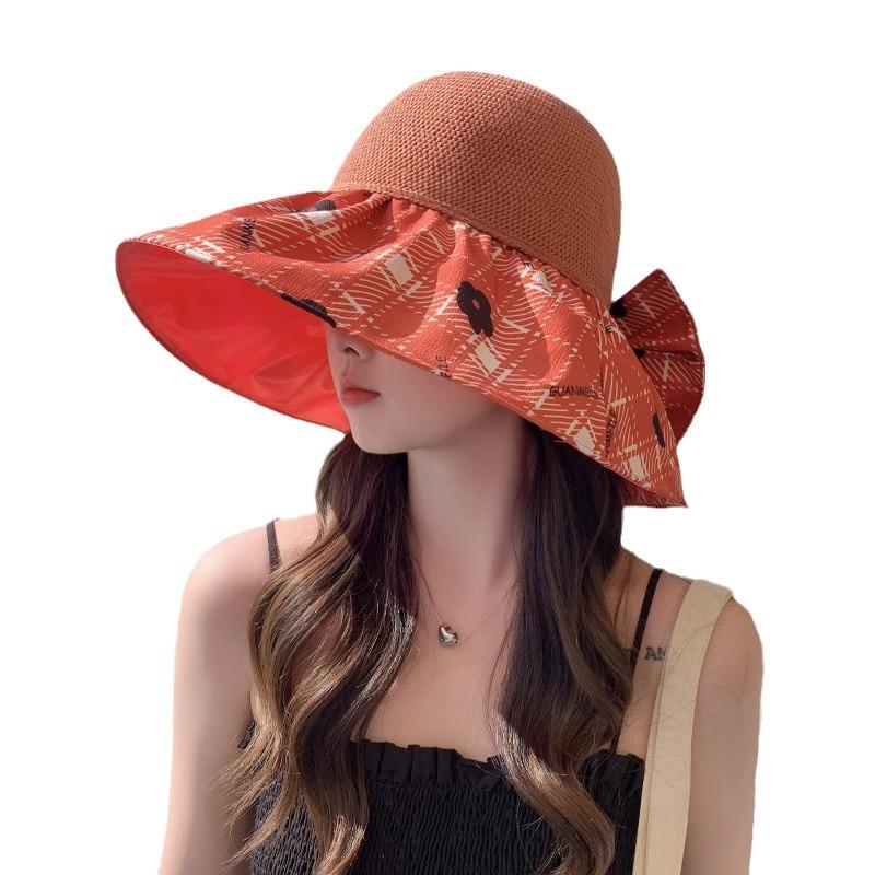 Color Glue Hat Women's Summer Versatile Bow Big Edge Bucket Hat Sun Protection Sun Hat Folding Sun Hat New