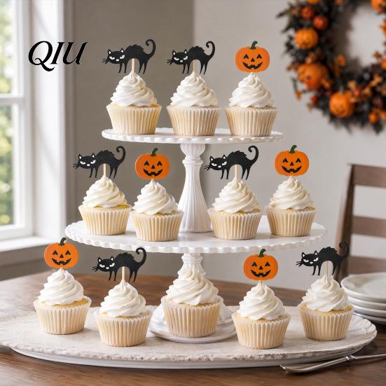 Halloween Party Cake Decor 8 Pcs Cat Cupcake Topper, Black Cute Kitten Safe Food Contact Topper Pick for Baby Shower Birthday Wedding Decoration