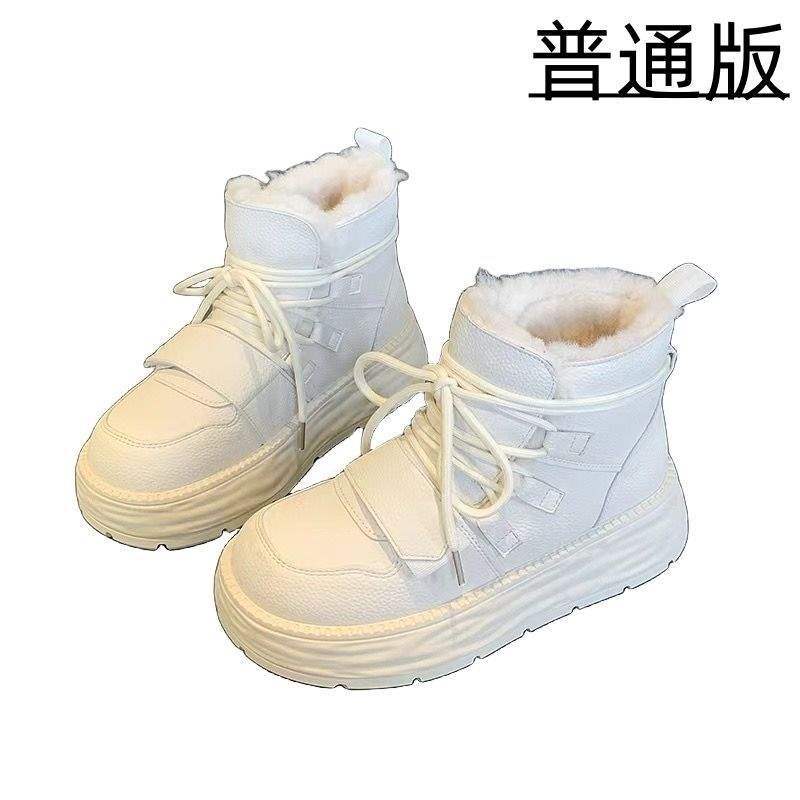 Brand Real Soft Leather Thickened Warm Snow Boots Women's 2025 Korean Version Lace-up Thick-soled Large Cotton Shoes Velvet Short Boots