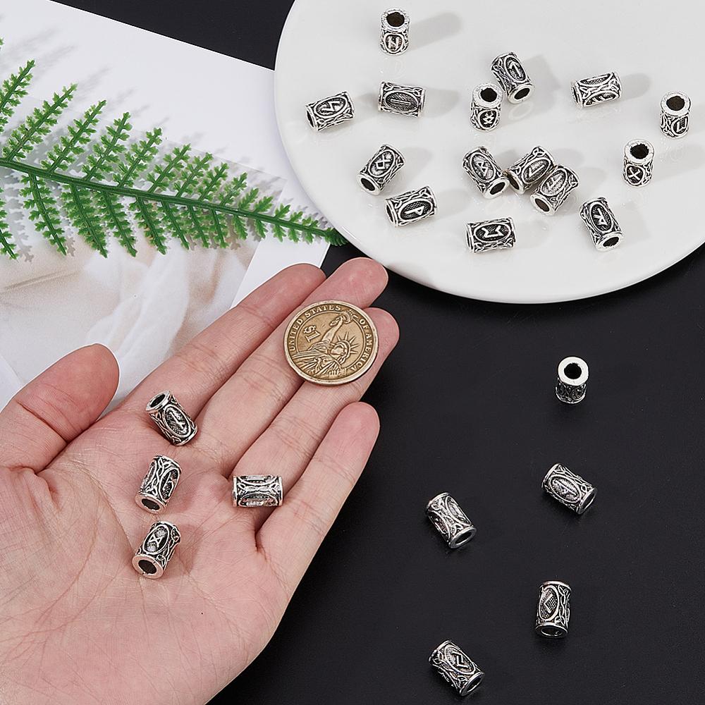 24Pcs 24 Style Tibetan Style Alloy Dreadlocks Braiding Beads for Hair Styling Column with Rune Antique Silver 13x8.5mm Hole: 5.2mm