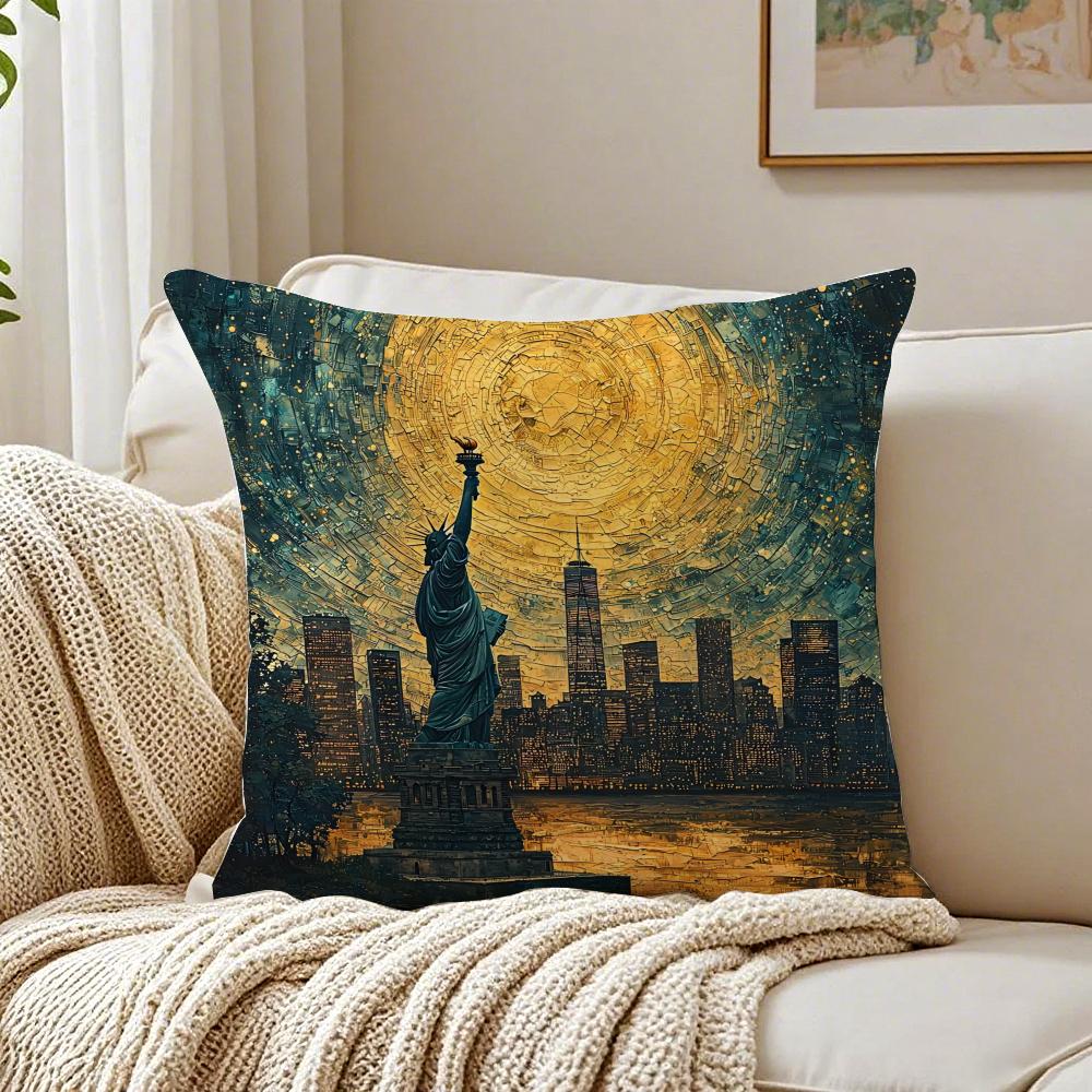 Oil Painting Statue Of The Statue Of Liberty Cushion Cover Linen Pillowcase Soft For Sofa Bed Home Room Decor