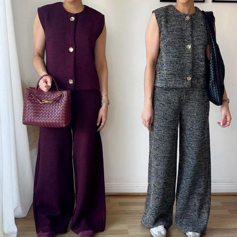 

Summer European and American round Neck Button Sleeveless Cardigan Top Workplace Commuter Trousers Set Women clothes Female Suit Dark gray L