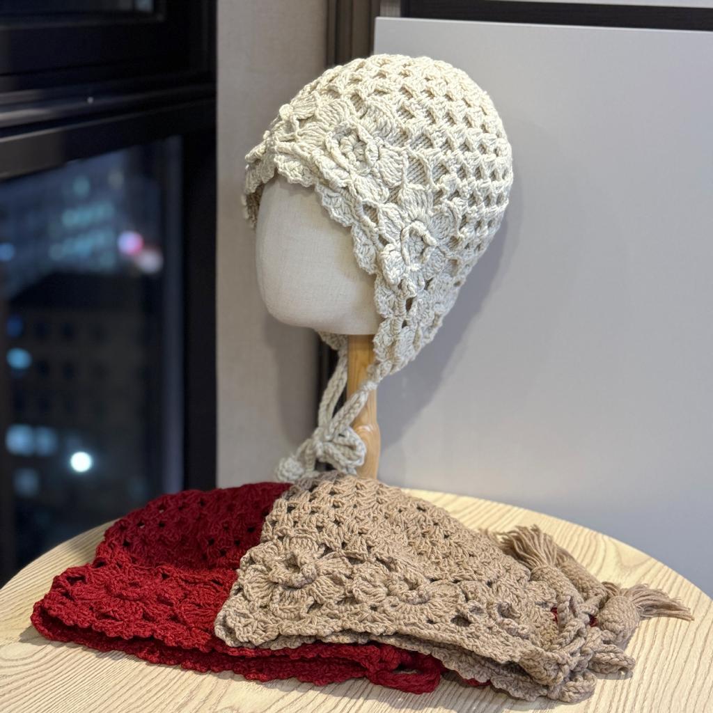 New Ethnic Style Crocheted Knitted Hat for Women Autumn and Winter Ear Protection Hooded Hat Trendy Literary Retro Tassel Warm Toe Cap