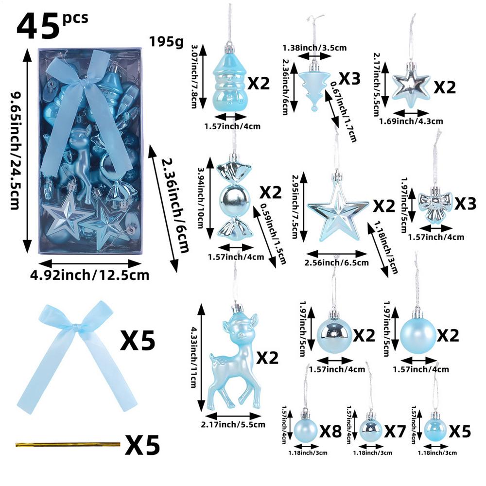 45PCS Christmas Tree Ornaments Set Winter Holiday Decoration Pendants Christmas Tree Ball Decorations for Railing Window