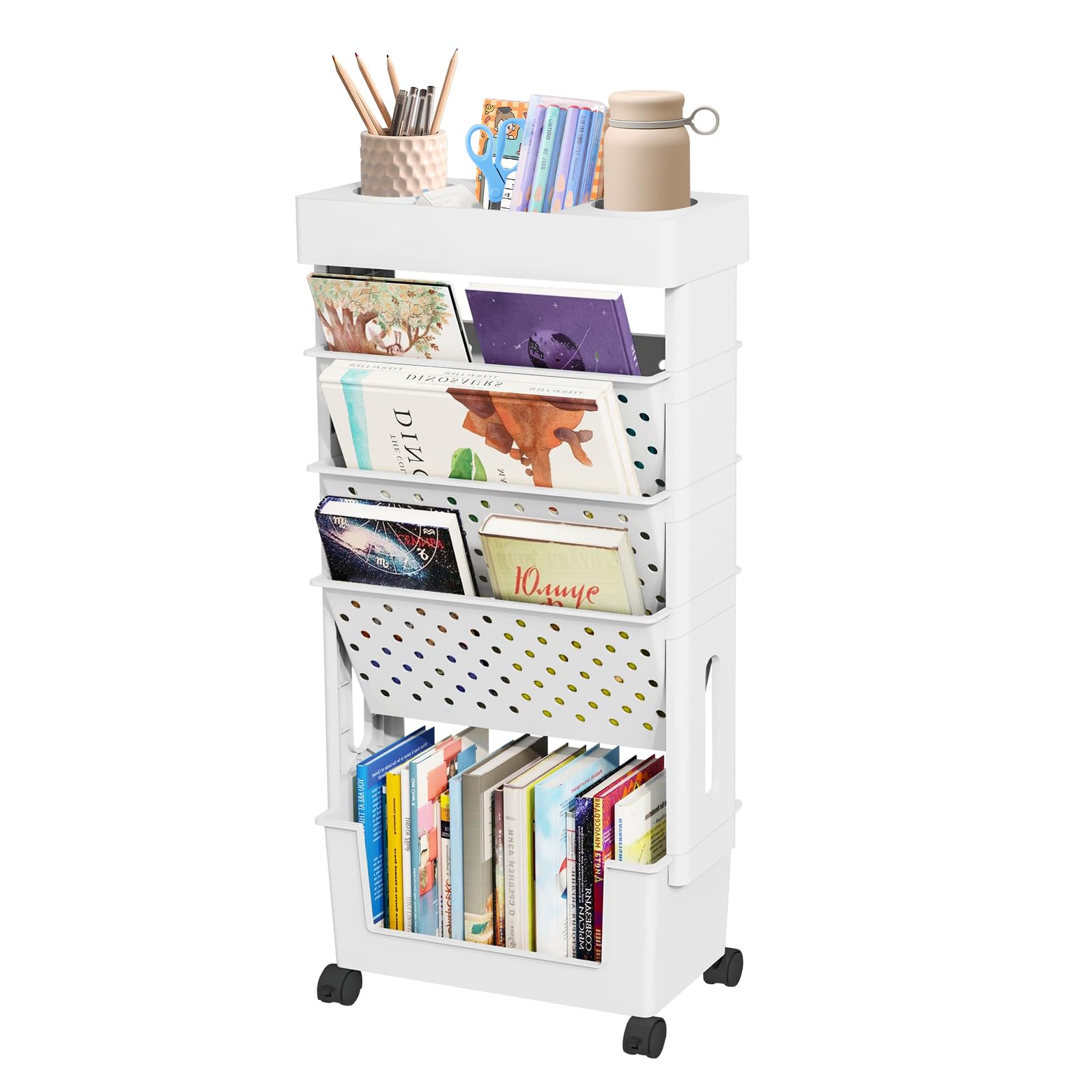 Bookshelf with Casters File Wagon Textbook Storage Magazine Rack Slim Easy Assembly Student White Width 375 x Depth 15 x Height 78cm White 8080₽