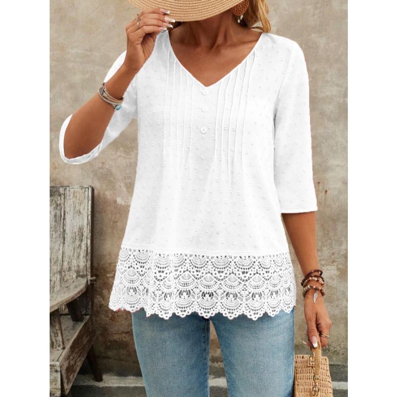 

Летняя блузка с коротким рукавом, ажурная, с вышивкой, модная женская повседневная рубашка, V-образный вырез, повседневные милые топы, элегантные офисные свободные рубашки на пуговицах, офисная одежда S белый