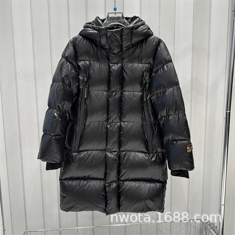 Black and gold medium and long goose down jackets for men and women, new thickened multi-pocket hooded glossy couples tide