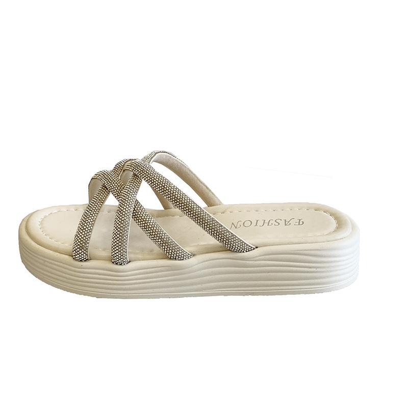 2024 Summer Thick-soled New Rhinestone Cross-strap Outer Slippers Fashionable Versatile Beach Shoes Fashionable Cool Slippers