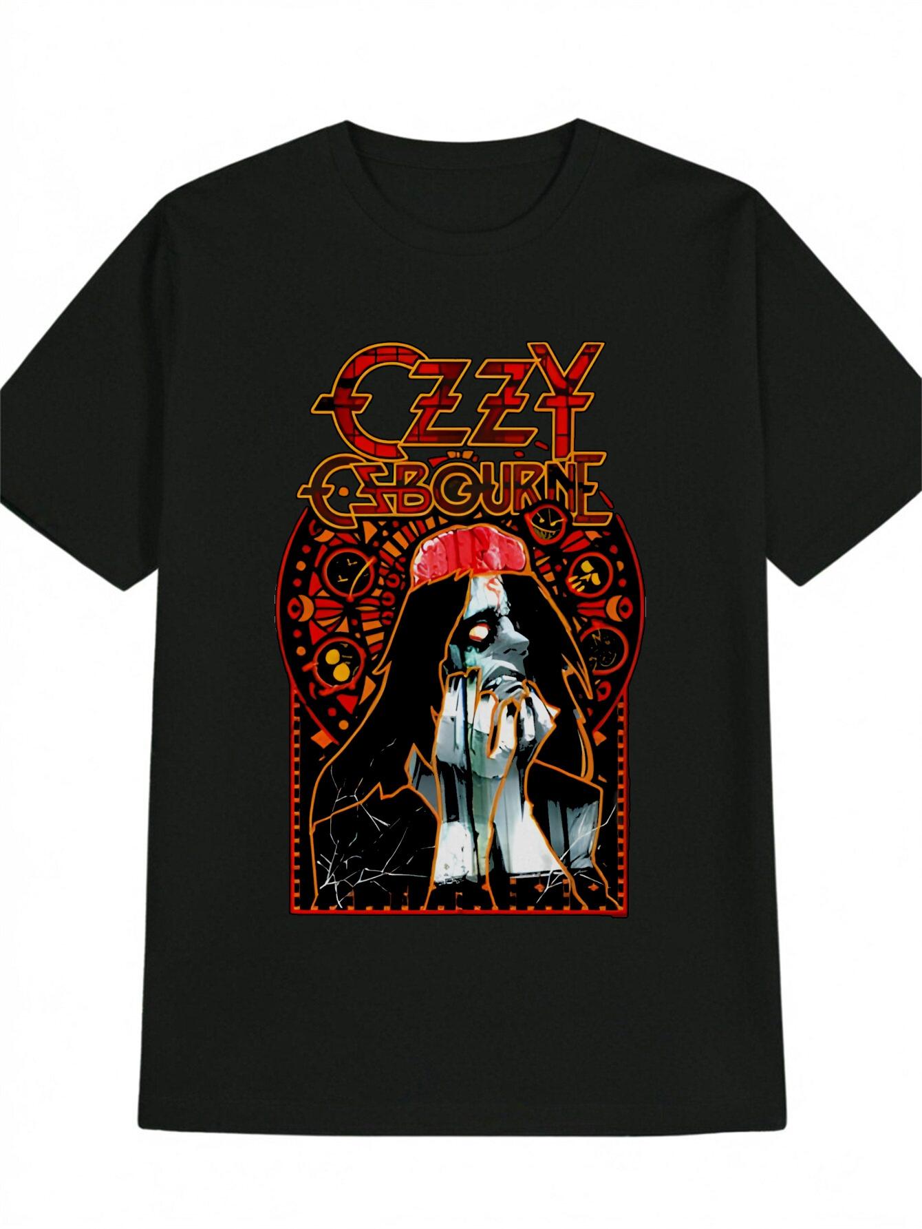Casual Graphic T-shirt - Black with Vibrant Male Portrait & Geometric Print S