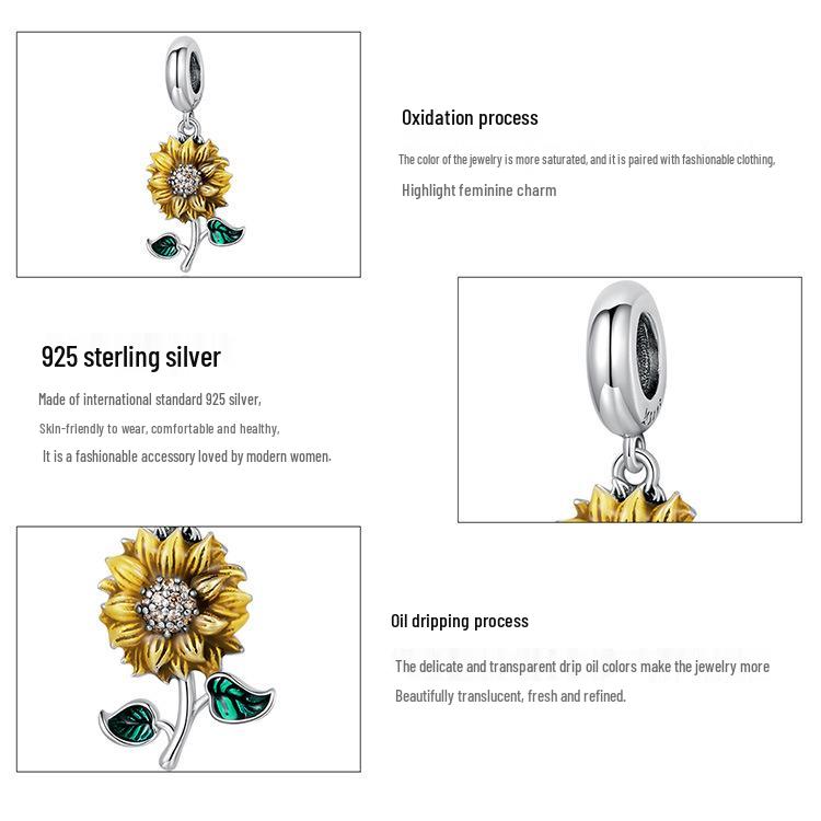 Sunflower S925 Silver Bracelet Pendant, Shining Sunflower DIY Beaded Accessories SCC2079