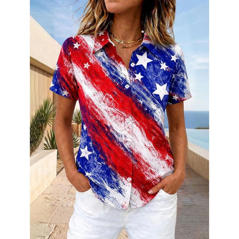 Womens Loose Fit Short Sleeve Printed Shirt Casual Vacation Style Collared Open Front Top