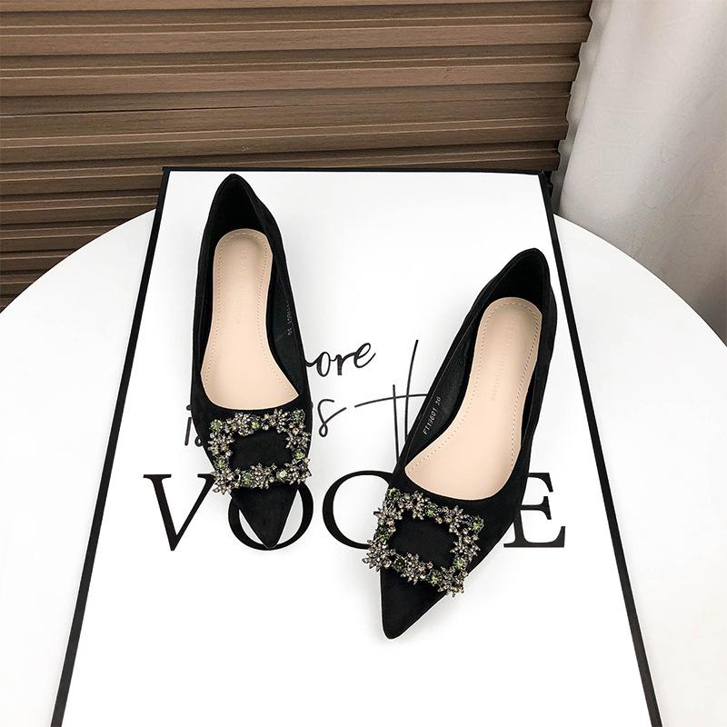 - Flat shoes women's summer black velvet professional pointed temperament rhinestone suede single shoes professional versatile soft sole