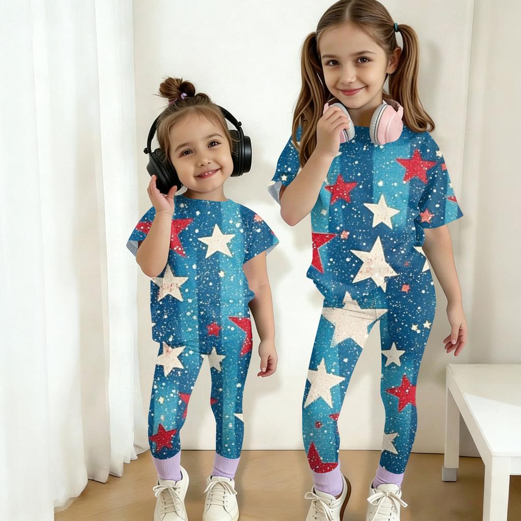 Jungen und Mädchen Unabhängigkeitstag Druck Set Kinder Freizeit Kurzarm Oberteil und Lange Hosen Set