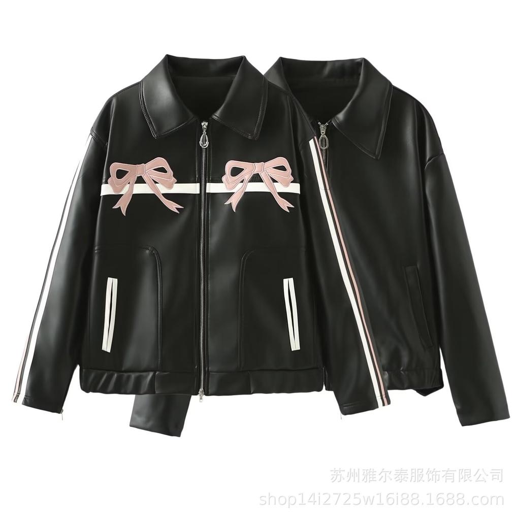 New Autumn Products, Women's Clothing, European and American Style French Design Fashion, Sweet and Cool Bow, Black Leather Jacket, Women's Coat