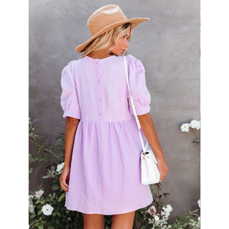 Fashion Summer New Fresh Sweet White round Neck Back Single-Breasted Puff Short Sleeve Dress Female Dress