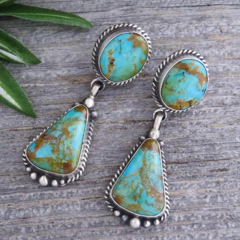 Bohemian Vintage Inlaid Imitation Turquoise Geometric Pendant Earrings for Women Fashion Exquisite Party Zircon Gifts