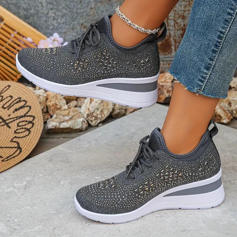 Women's Shiny Rhinestone Wedge Sneakers Breathable Knit Non Slip Walking Shoes Woman Plus Size Fashion Thick Sole White Sneakers