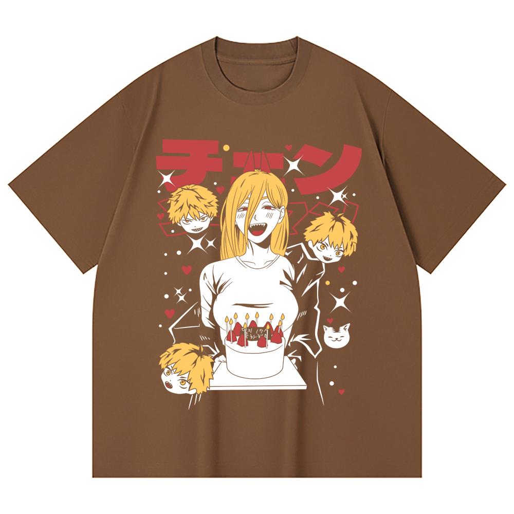 230 Gsm 100% Cotton Chainsaw Man V48 Power Cake Print Unisex Heavy Cotton T Shirt