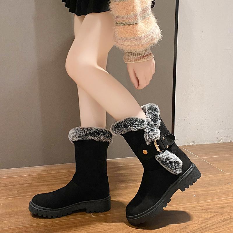 Round Toe Suede Rivet Metal Buckle Soft Sole Anti-slip Wear-resistant Block Heel Cotton Shoes Winter Mid-tube Shoes