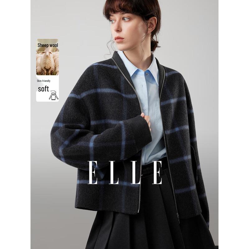 ELLE Women s Retro Plaid Wool Baseball Jacket L