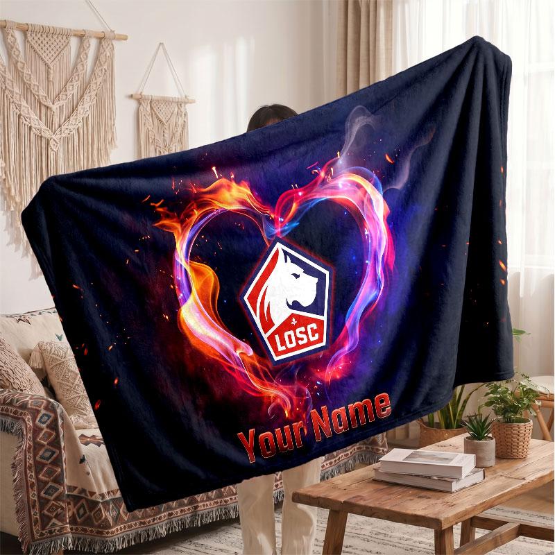LOSC Lille FC Personalized Fleece Blanket With Football Logo, Custom Name Text Soft Warm Home Throw Blanket