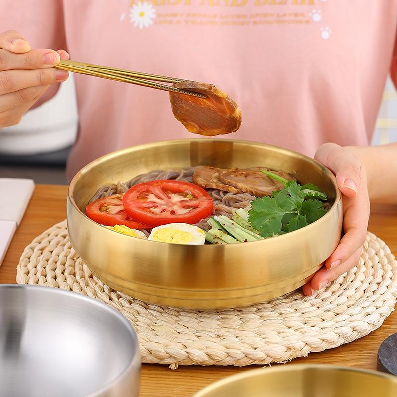 Stainless Steel Double Layer Noodle Bowl Gold Silver Salad Soup Heat Insulation Stainless Steel Noodle Bowl Large Gold Bowl