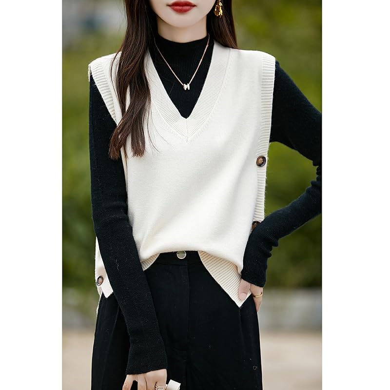 [Ailiyumo] knit vest ladies spring vest v neck Thin knit sweater sleeveless short length Plain color layered clothing with button slit Fashionable
