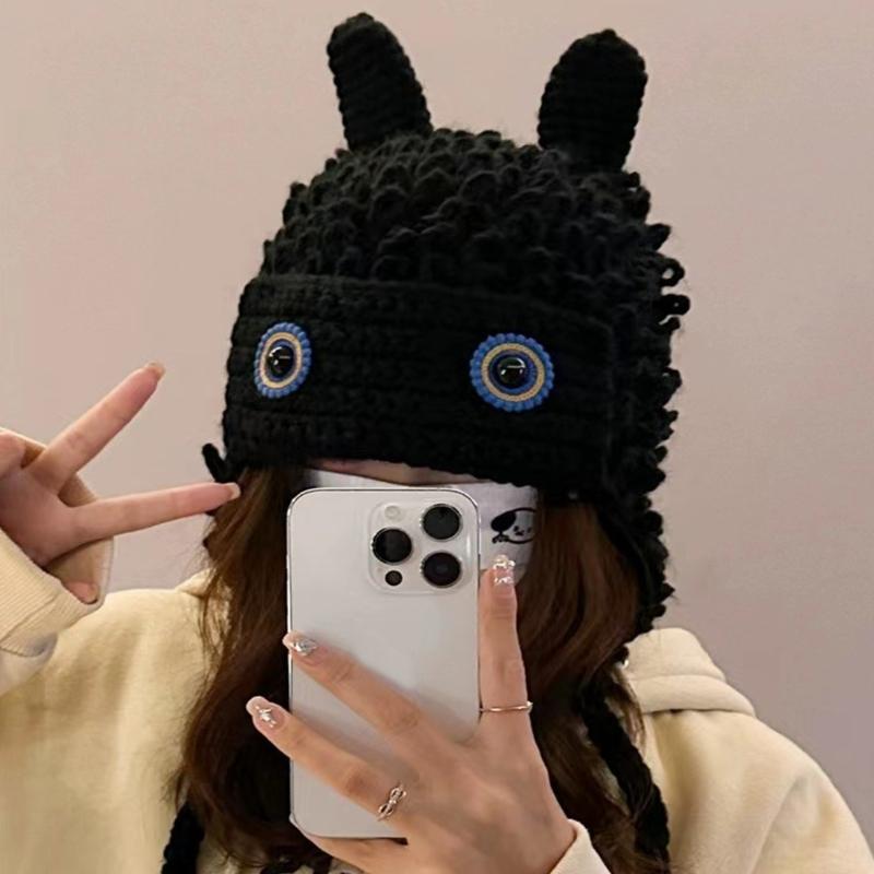 Winter Warm Knit Hat for Women Funny Monsters Hat Hooded Skull Hat Outdoor Activity Cap Windproof Headwear Pullover Hat