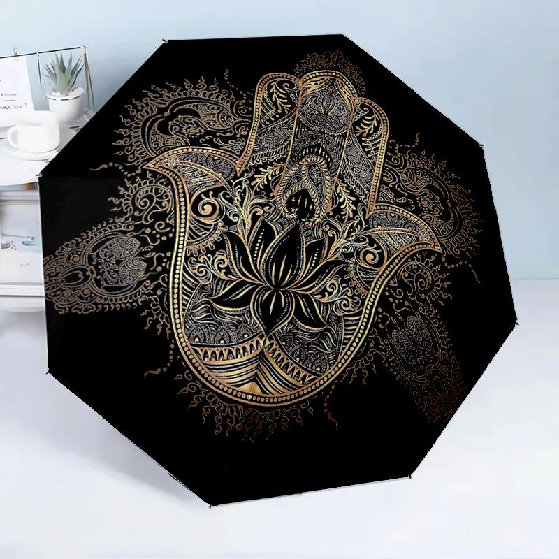 Golden Hamsa Hand Design 8-Frame for Travel, Camping, Casual Lightweight Portable Umbrella, Essential for Every Family Holidays Birthday Gift