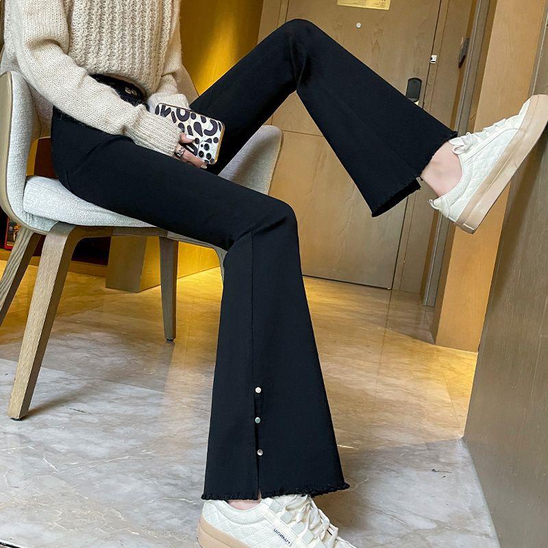 

Women s Black Micro Flare Pants - 2026 Spring/Autumn Elastic High Waist Slimming Stretchy Side Slit Casual Trousers Ankle Pants - Side Split