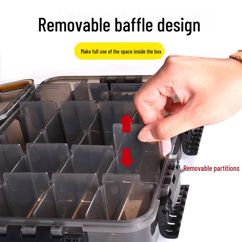 Wasserdichte Köderaufbewahrungsbox mit herausnehmbaren Trennwänden und großem Fassungsvermögen, gesichert mit Kombinationsschnallen für Angelzubehör.