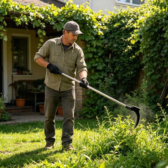 Sichel-Unkrautstecher Langstiel Manuelles Unkrautvernichtungswerkzeug mit Doppelklingenkopf Gartenhandwerkzeug zum Jäten Ernte auf dem Bauernhof Entfernen von Ranken