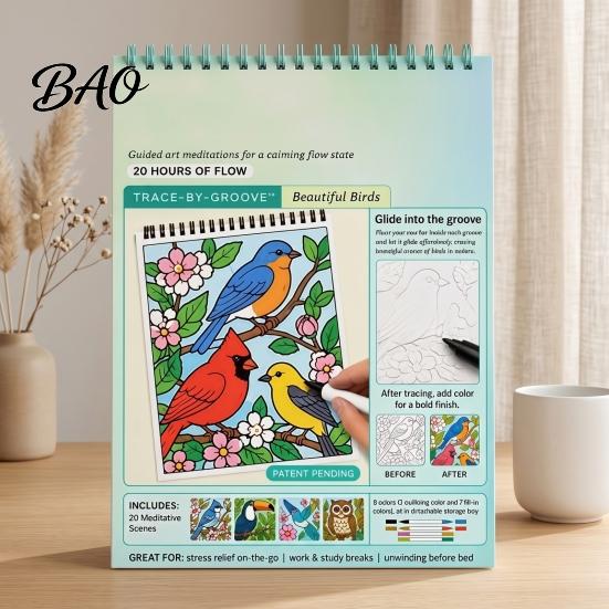 Spiral Bound Drawing Album Trace-By-Groove Guided Coloring Book, Clear Artistic Printing with 20 Decorative And Painting Set for Teens Scenes