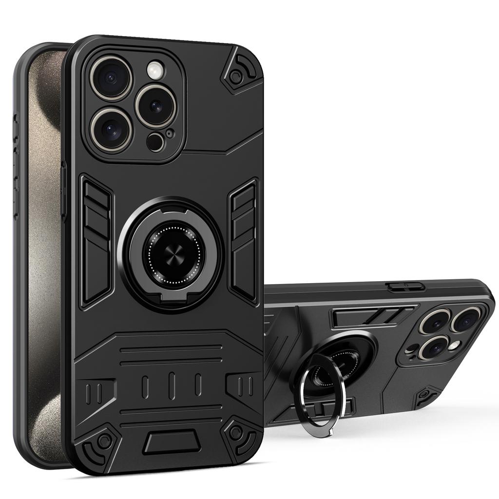 For iPhone 15 Pro Case with Ring Holder Kickstand PC + TPU Anti-Fall Phone Cover