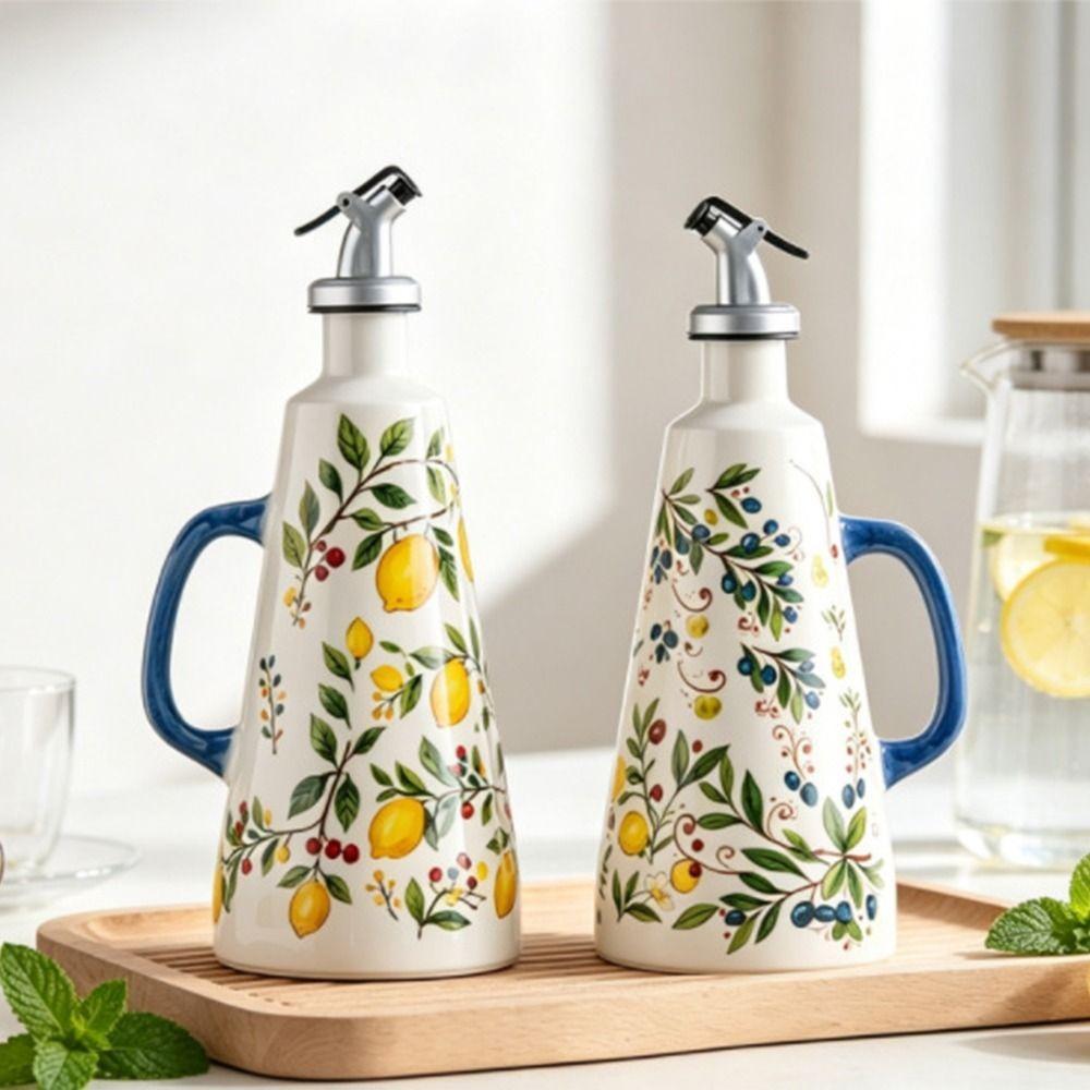 Bouteille à Huile Céramique Forme Cône Motif Citron Vinaigre Condiment Récipient Outil Assaisonnement Cuisine