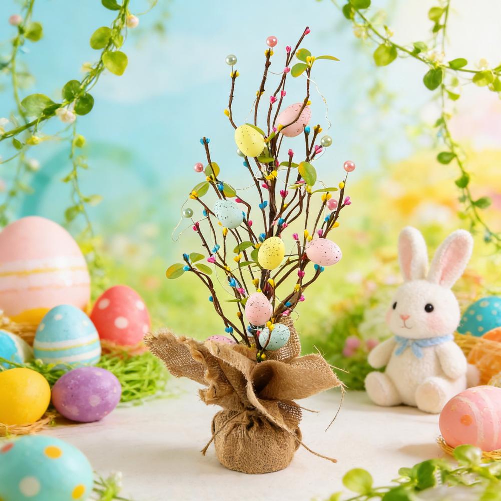 Potted Easter Plant Easter Egg Decoration Easter Egg Tree with Led Lights Spring Holiday Centerpiece Artificial Egg Decoration