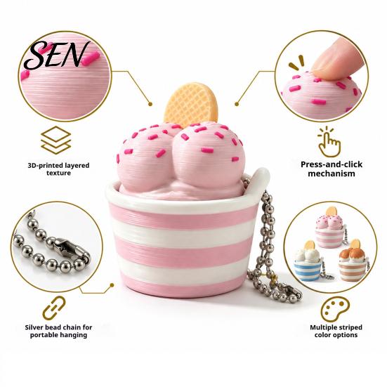 Portable Key Ring Charm 3D Printed Ice Cream Cup Fidget Clicker Keychain, Cute Dessert Stress Toy for Relief Click Toy, Mini Desk Decor Gift